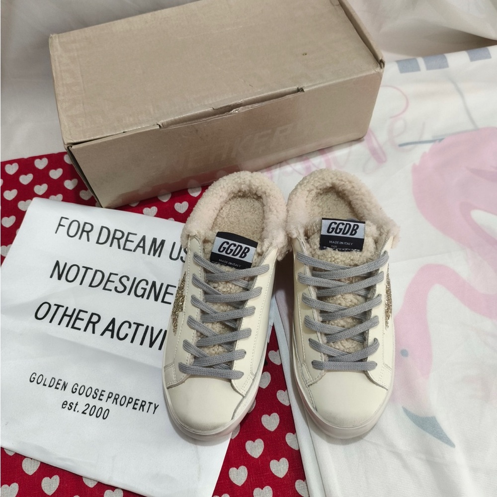 Golden Goose GGDB Cream Shearling-Trim Sneakers